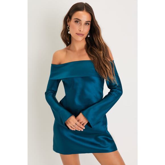Lulus NWT Luxurious Vision Teal Blue Satin Off-the-Shoulder Mini Dress Medium - Picture 1 of 11